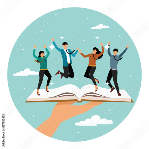 Business manual for success concept, team Celebrating Success and Knowledge Within an Open Book.