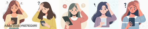 Illustrated Diverse Woman Confused About Information On Mobile Phone Device