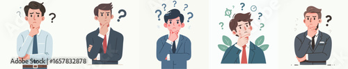 Cartoon Illustration of Puzzled Businessman in Various Thinking Poses Character Art