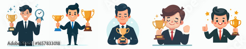 Cute Cartoon Businessman Character Holding Trophy and Clock Achieving Success Illustration
