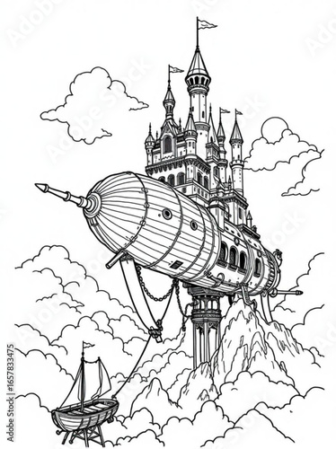 Minimilist detailed line art of a castle atop an airship tethered to a mountain with a boat in the clouds vector