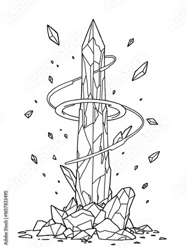 Minimilist monochrome illustration of a tall crystal formation with a swirling ring and scattered shards around it vector