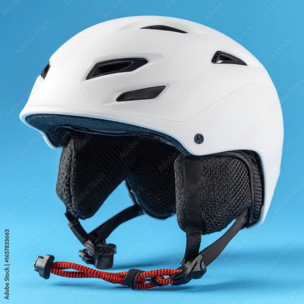 Fototapeta premium White snow sports helmet with black ear pads against a blue background.