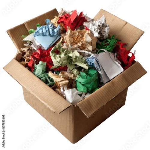 Colorful Crumpled Paper Scraps and Shredded Paper Inside a Cardboard Box for Crafting and Decoration Ideas