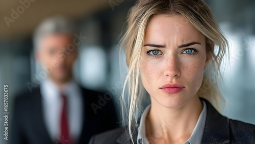 Wallpaper Mural A focused businesswoman stands confidently in an office environment, showcasing determination and professionalism, with a serious expression. Torontodigital.ca
