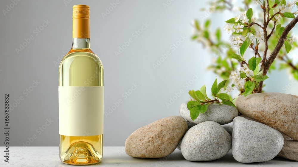 Naklejka premium Bottle of white wine with blank label, beside smooth stones and blossoming branches on a neutral background.