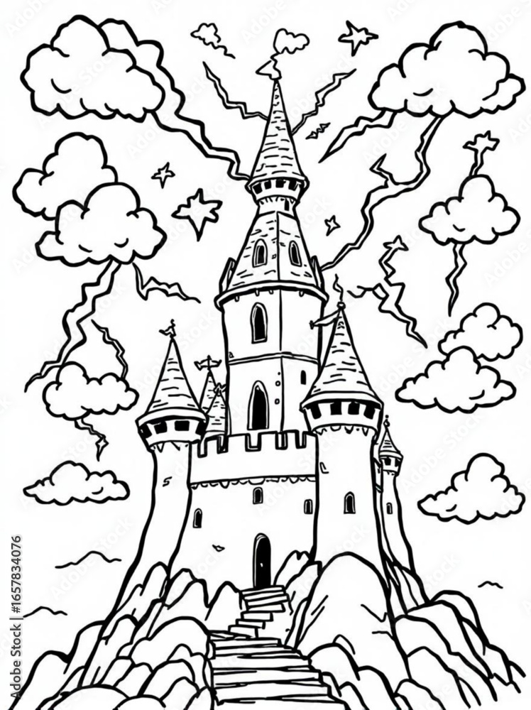 Fototapeta premium Minimilist detailed line art of a castle on a rocky mountain with lightning and clouds in the sky above it all vector