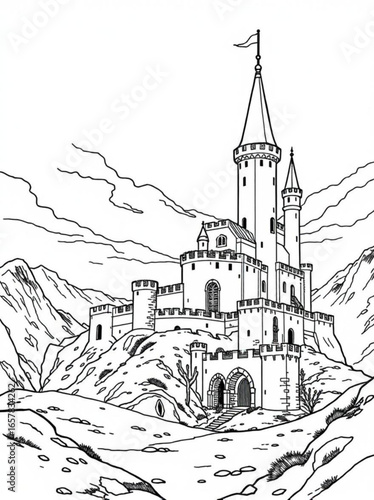 Minimilist illustration of a castle with multiple towers and a flag on top of the tallest tower on a mountain side vector