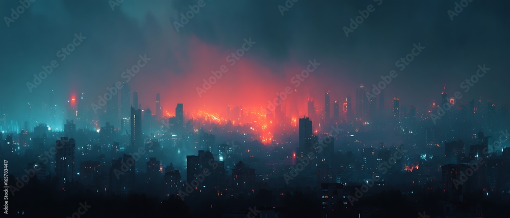 Fototapeta premium Night city skyline silhouette with glowing neon lights and modern skyscrapers under dark sky, urban view with large space for text overlay, perfect for marketing and event promotion.