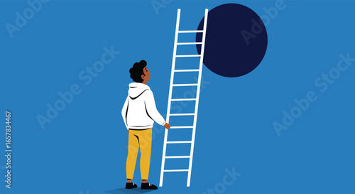 A man standing in front of a ladder leading to a hole, symbolizing challenges, opportunities, and the pursuit of success on a blue background
