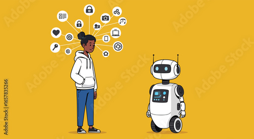 A person standing next to a robot with icons above their head, representing ai, technology, and the future of communication on a yellow background