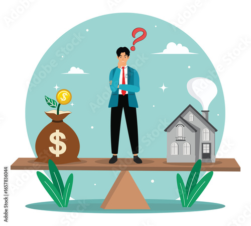 Decision concept between pay off mortgage or invest in stock market