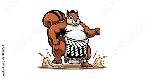 Funny squirrel sumo wrestler cartoon character mascot ready to rumble in the ring with serious power