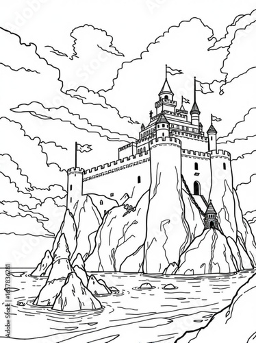 Minimilist illustration of a castle perched atop rocky cliffs surrounded by water and a cloudy sky in black and white vector