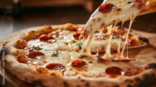 Mouthwatering Pepperoni Pizza Slice with Dripping Mozzarella Cheese on Wooden Board