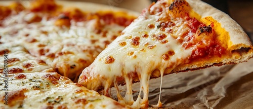 Mouthwatering Pizza Slice with Dripping Mozzarella Cheese, Close-Up Shot
