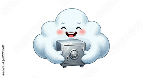 Secure cloud storage cartoon character smiling and hugging a safe for data protection concept