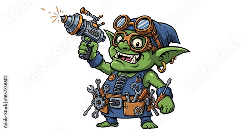 Steampunk goblin inventor with raygun, ready for action, perfect for fantasy games and creative projects