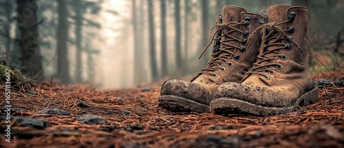 Mud-Covered Hiking Boots in Misty Forest: A Close-Up