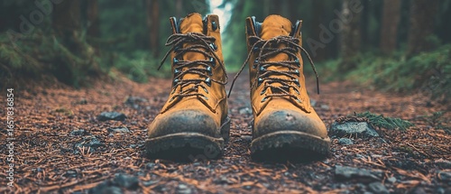 Muddy Hiking Boots on a Forest Trail