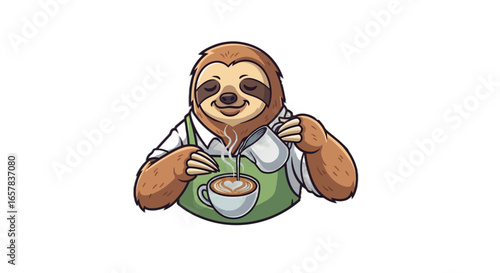 Adorable sloth barista pouring latte art heart into coffee cup, cafe vibes for coffee lovers everywhere
