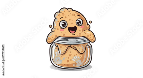 Cute cartoon sourdough starter with happy face in a jar ready for baking bread recipes