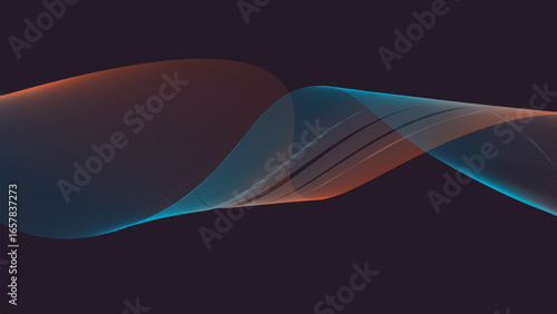 Abstract design with flowing, translucent lines in shades of teal and orange on a dark background.