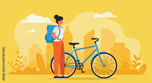 A woman with a backpack is standing next to a bicycle in front of a city skyline, ready to deliver packages or food with her bike in the urban environment