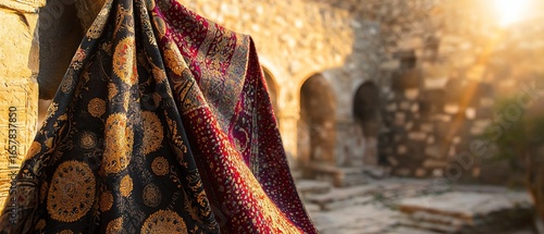 Ornate Fabric Drape Against Ancient Stone Archway in Golden Light