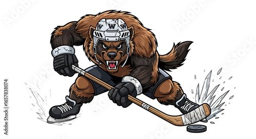 Ferocious wolverine hockey player skating aggressively with puck action ready for game day competition