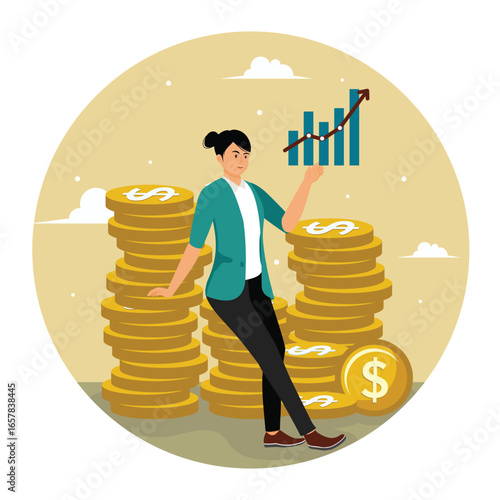 Success investment growth concept.  Woman Representing investment Growth with Coin Stacks and Graph.