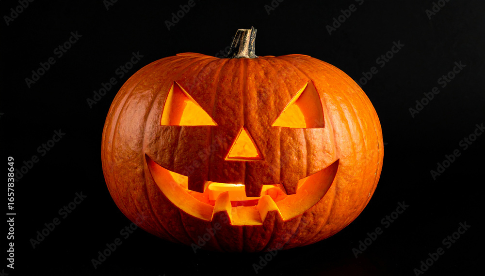 Obraz premium Carved Halloween pumpkin isolated on black backdrop. Jack o lantern. Traditional holiday symbol.