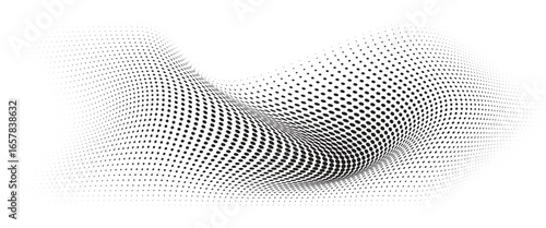 Flowing Wave Dot Halftone Pattern: Curve Gradient Shape on Transparent Background. Suitable for AI, Tech, Network, Digital, Science, and Technology Themes.