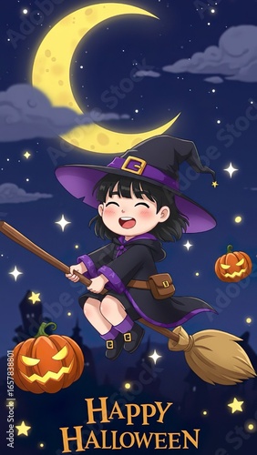 Halloween Witch  photo Illustration – Broom, Moon & Pumpkins
