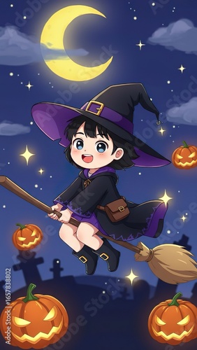 Halloween Witch  photo Illustration – Broom, Moon & Pumpkins