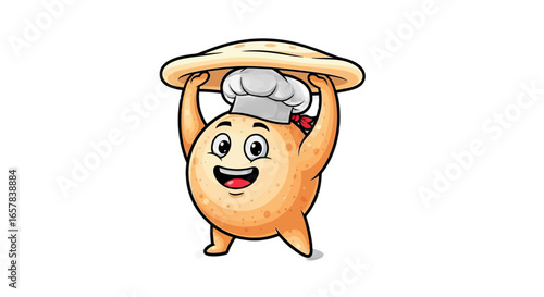 Cheerful potato chef mascot holding up a pizza dough with a happy smile, perfect for food branding