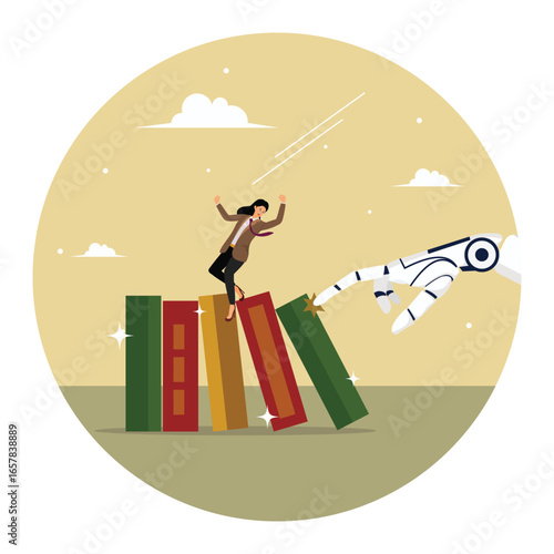 Robot arm push to collapse domino, businesswoman falling down.