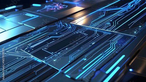 A premium abstract background featuring glowing blue neon circuits and holographic metallic surfaces, representing innovation and high-tech elegance.