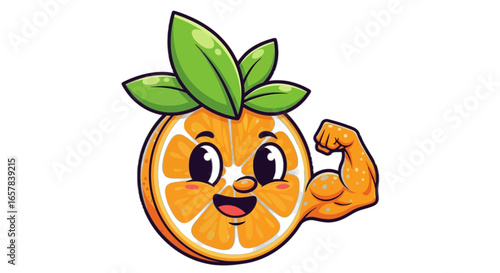 Strong orange cartoon character flexing muscles promotes healthy eating habits and fitness motivation today