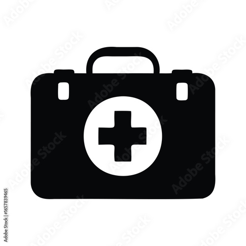 Simple Black and White First Aid Kit Icon with Medical Cross Sign, First aid kit  silhouette vector illustration
