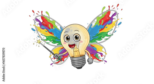 Whimsical lightbulb character with colorful butterfly wings casting magic spells for bright ideas
