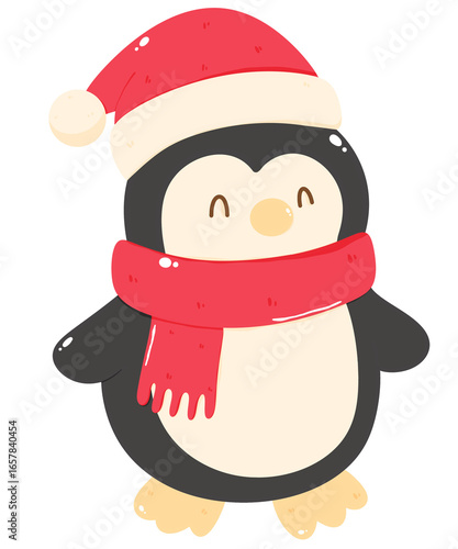 Cute kawaii penguin cartoon wearing Santa hat and red scarf, festive Christmas winter character illustration perfect for New Year, holiday cards and seasonal designs