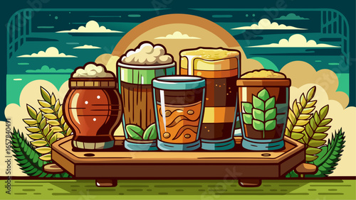 Colorful beer flight sampler with five different craft beers in glasses on a wooden tray against a scenic background with clouds and foliage