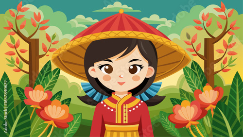 Smiling Vietnamese girl in traditional red dress and conical hat, standing in a vibrant landscape with flowers, trees and rolling hills in the background