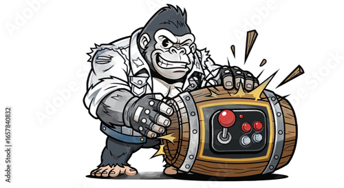 Cartoon gorilla character destroying a barrel arcade game with denim jacket for gaming