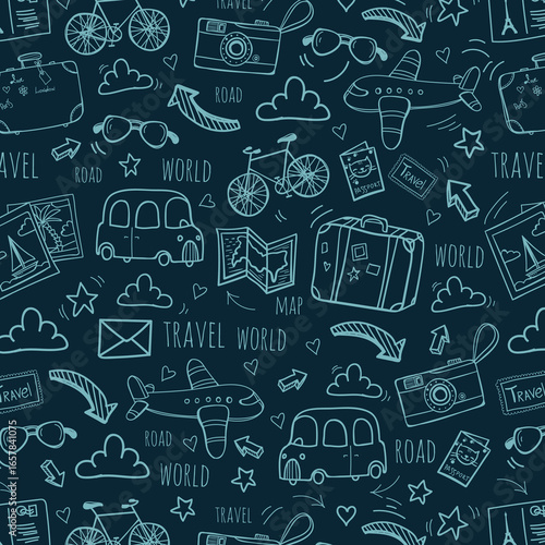 Seamless monochrome pattern on checkered paper. Icon set of elements for summer vacation travel, hand drawn vector doodles in line style. Line contour in sketch style.