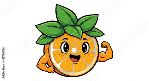 Healthy orange character flexing muscles promotes wellness and nutrition for kids and adults alike