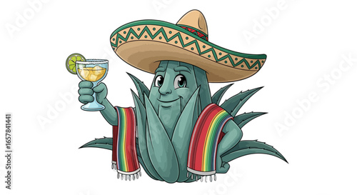 Celebrate with this festive agave cartoon wearing a sombrero and drinking a margarita, cheers to fiesta