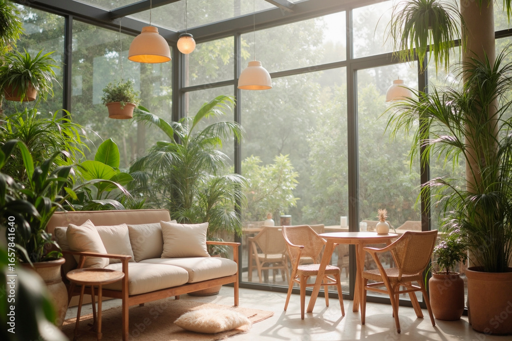 Obraz premium Bright sunroom filled with lush green plants surrounding wooden sofa and round table, large windows revealing garden outside, empty seating area inviting relaxation and conversation