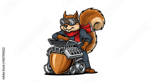 Cool squirrel racer with goggles leaning on powerful engine ready for speed and thrilling adventure